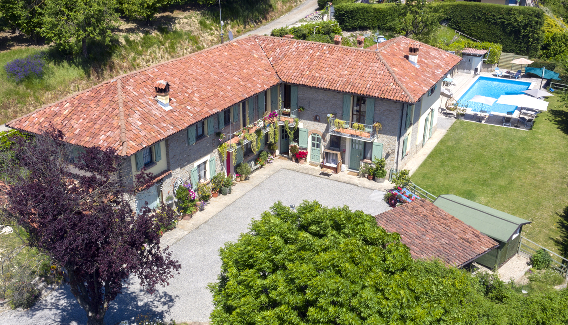 An aerial view of La Lepre Danzante, a 5-bedroom villa near Alba, Italy